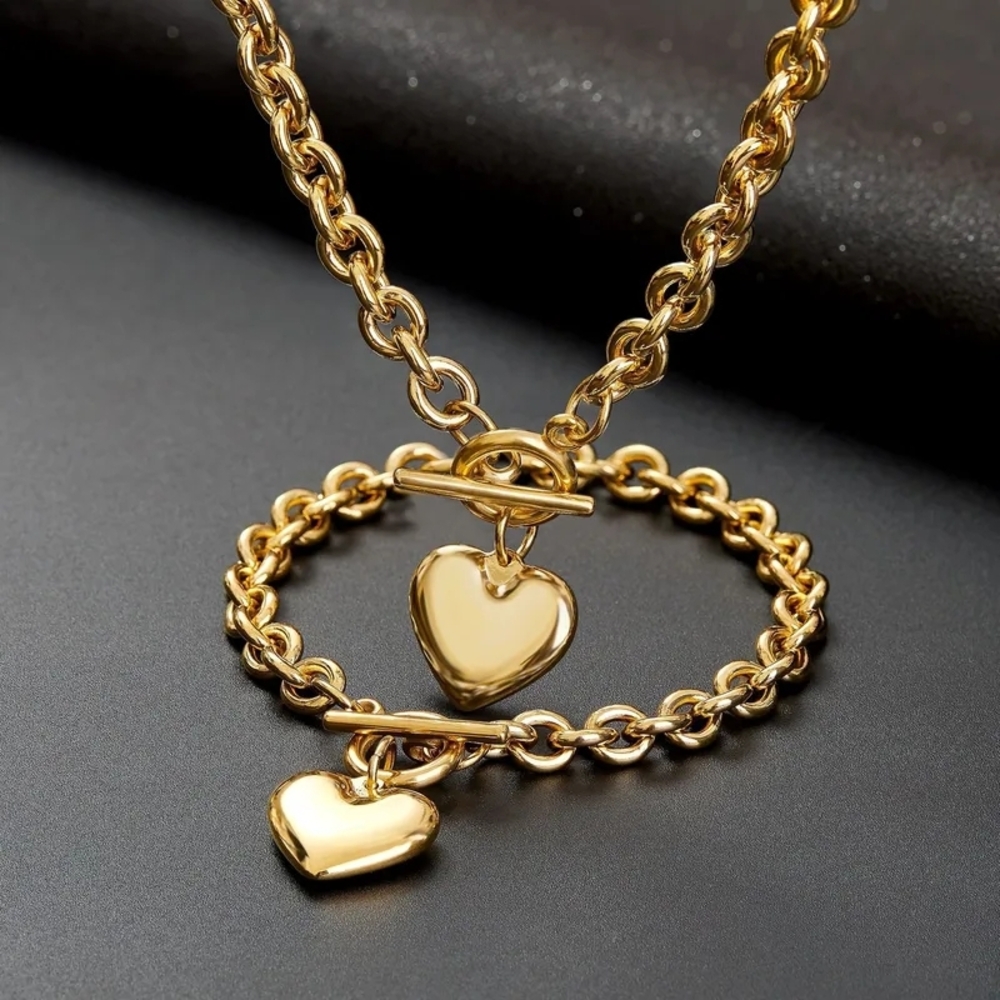 Gold Heart Toggle Necklace and Bracelet Set - Women Jewelry